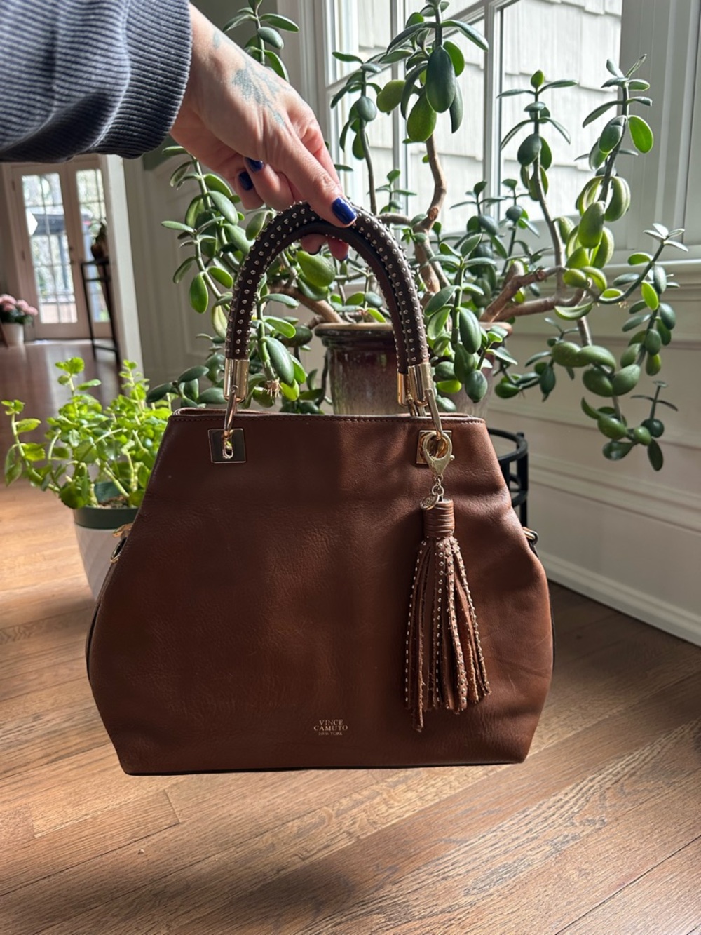 Vince Camuto Brown Leather Stud-Handle Satchel with Tassel
